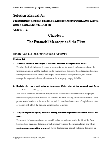 Solutions Manual for Fundamentals of Corporate Finance, 5th Edition By Robert Parrino, David Kidwell, Thomas Bates, Stuart Gillan