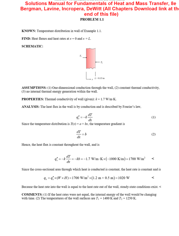 Solutions Manual for Fundamentals of Heat and Mass Transfer, 8th Edition By Bergman, Lavine, Incropera, DeWitt (All Chapters Download link at the end of this file) A+