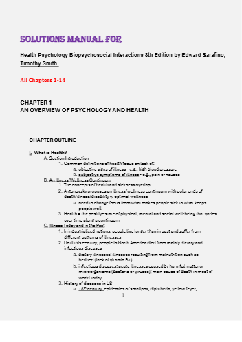 Solutions Manual for Health Psychology Biopsychosocial Interactions, 8th Edition By Edward Sarafino, Timothy Smith