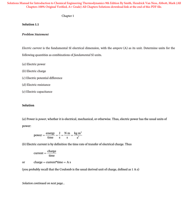 Solutions Manual for Introduction to Chemical Engineering Thermodynamics 9th Edition By Smith, Hendrick Van Ness, Abbott, Mark (All Chapters 100% Original Verified, A+ Grade)