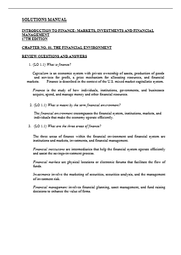 Solutions Manual for Introduction to Finance Markets, Investments, and Financial Management, 17th Edition By Ronald Melicher, Edgar Norton