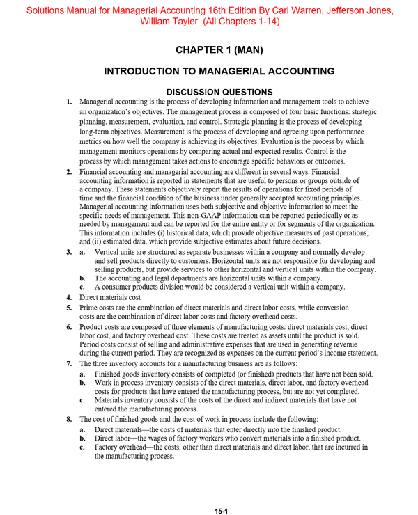 Solutions Manual for Managerial Accounting 16th Edition By Carl Warren, Jefferson Jones, William Tayler