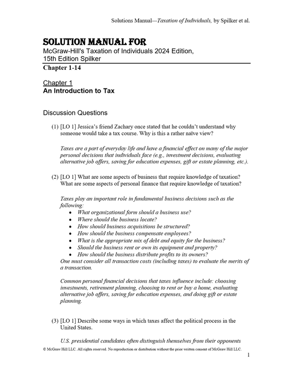 Solutions Manual for McGraw-Hill's Taxation of Individuals 2024 Edition, 15th Edition by Brian Spilker, Benjamin Ayers, John Barrick, John Robinson, Troy Lewis, Connie Weaver, Ronald Worsham and Edmund Outslay