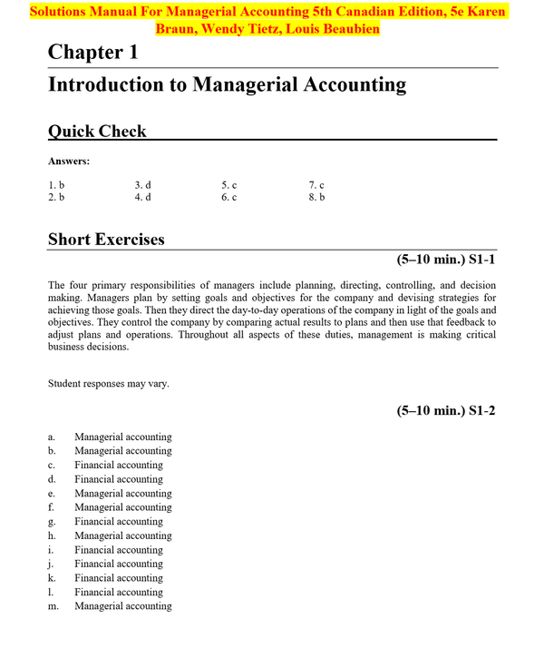 Solutions Manual for managerial accounting 5th canadian edition by karen braun wendy tietz louis beaubien
