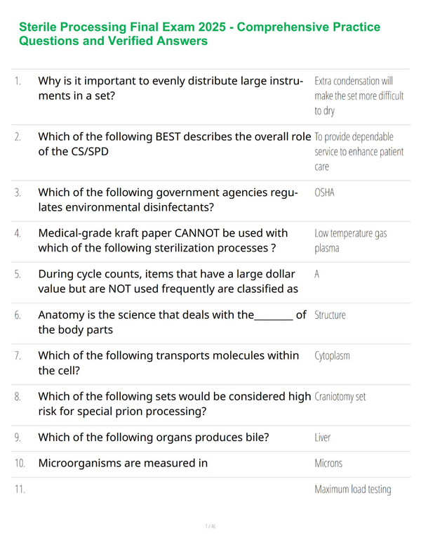 Sterile Processing Final Exam 2025 - Comprehensive Practice Questions and Verified Answers