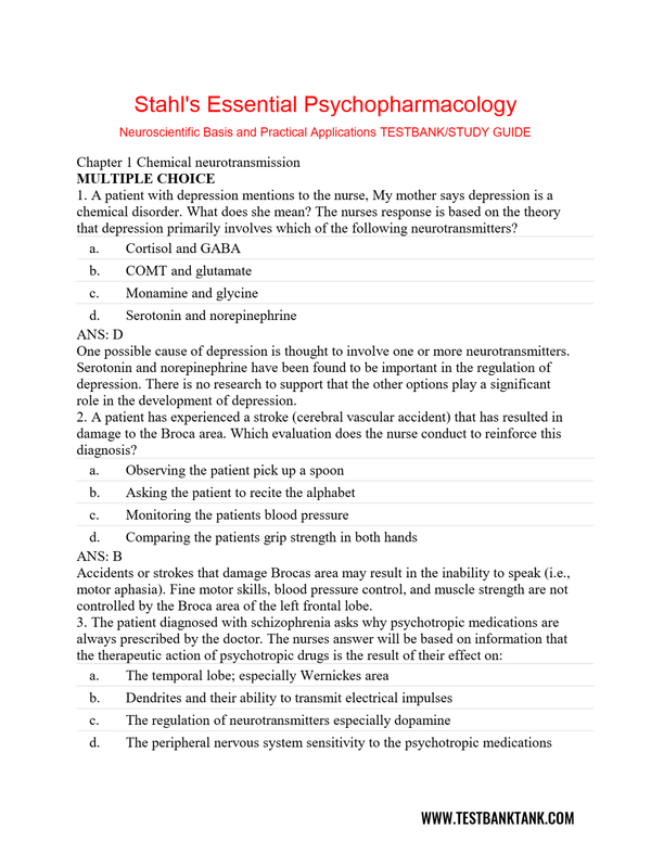 TEST BANK for Stahl's Essential Psychopharmacology: Neuroscientific Basis and Practical Applications 4th Edition by Stephen M. Stahl, Nancy Muntner