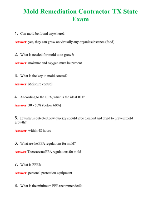 TX State Mold Remediation Contractor Exam | Actual Questions and Verified Answers ( Included ) 100% Correct