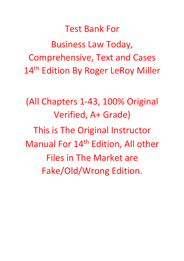 Test Bank For Business Law Today Comprehensive Text and Cases 14th Edition By Roger LeRoy Miller
