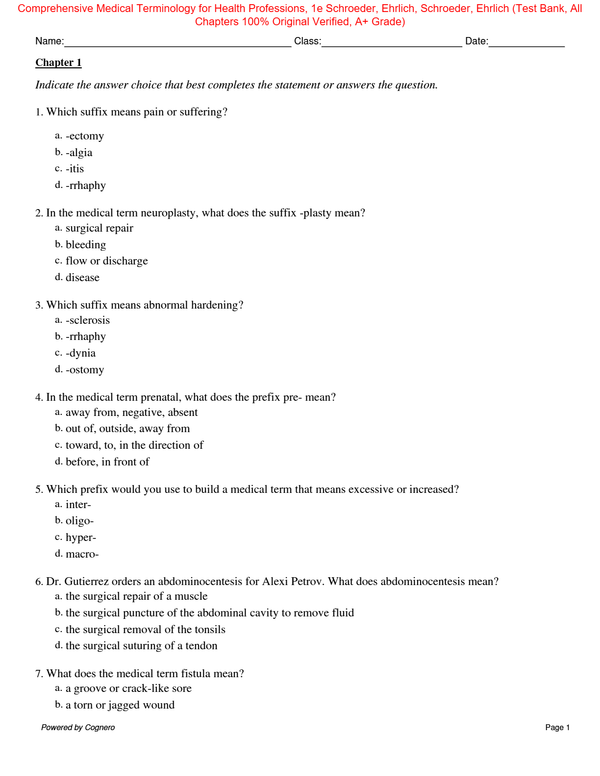 Test Bank For Comprehensive Medical Terminology for Health Professions, 1e Schroeder, Ehrlich, Schroeder, Ehrlich