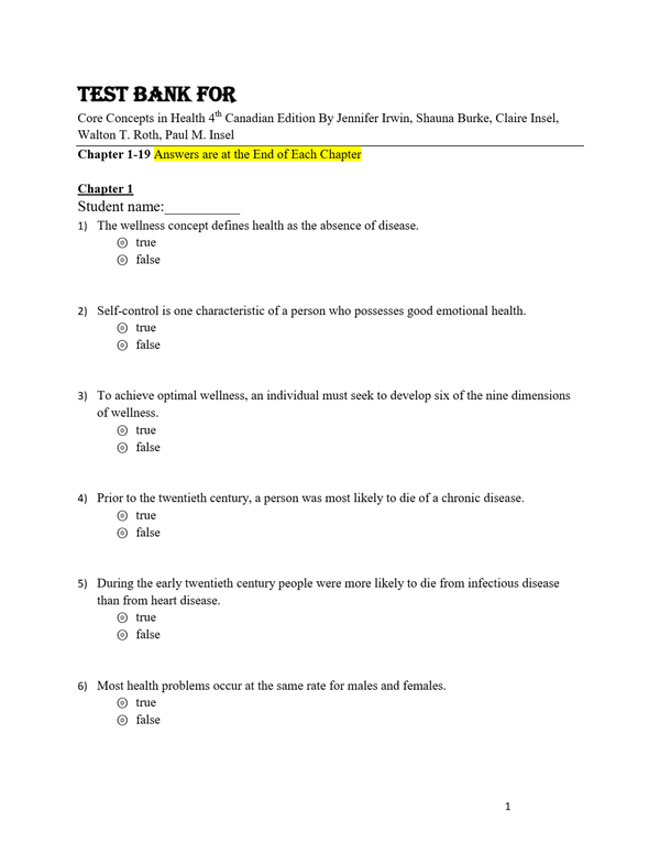Test Bank For Core Concepts in Health 4th Canadian Edition By Jennifer Irwin, Shauna Burke, Claire Insel, Walton T. Roth, Paul M. Insel