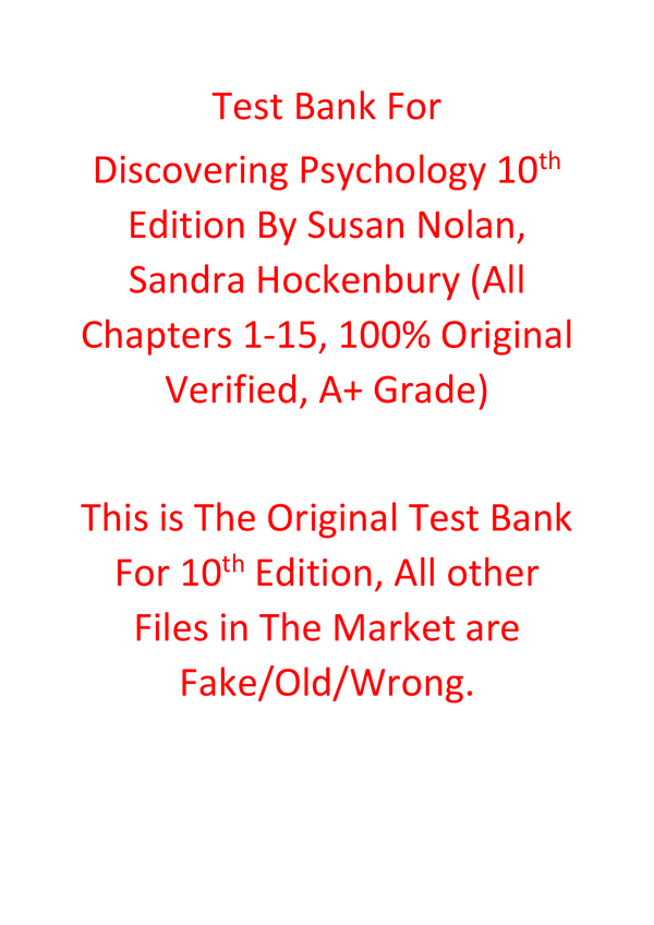 Test Bank For Discovering Psychology 10th Edition By Susan Nolan, Sandra Hockenbury