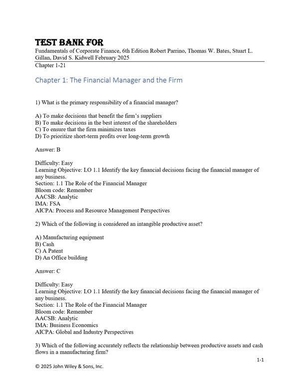 Test Bank For Fundamentals of Corporate Finance, 6th Edition Robert Parrino, Thomas W. Bates, Stuart L. Gillan, David S. Kidwell February 2025