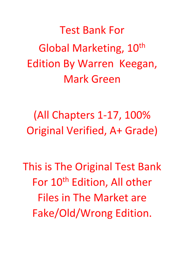 Test Bank For Global Marketing 10th Edition By Warren Keegan, Mark Green