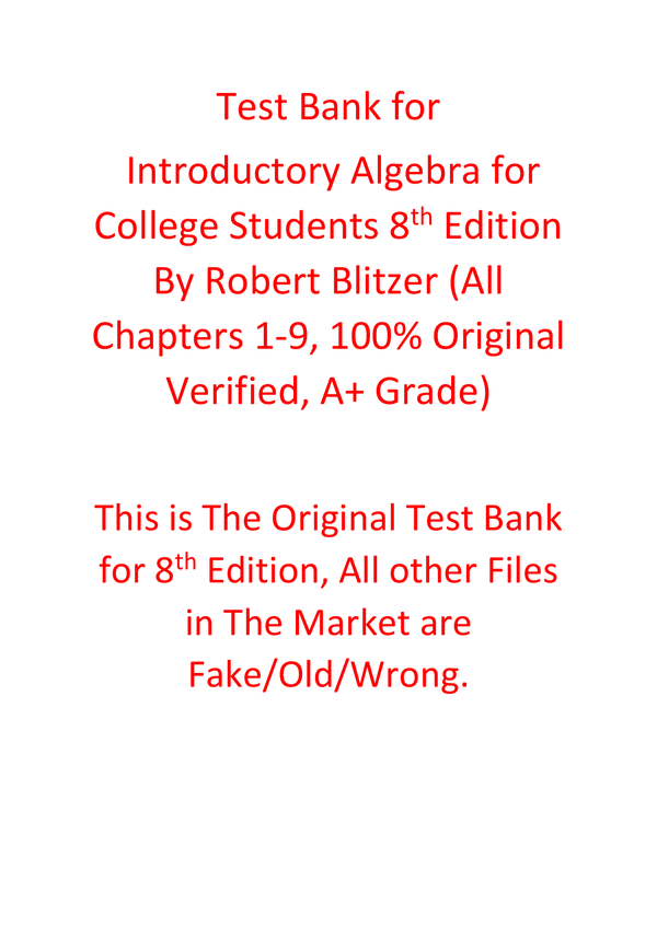 Test Bank For Introductory Algebra for College Students 8th Edition By Robert Blitzer