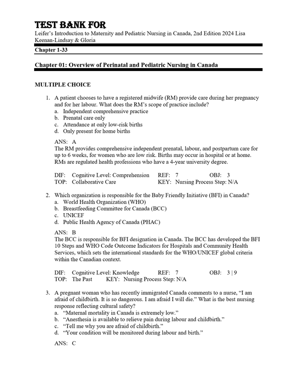 Test Bank For Leifer’s Introduction to Maternity and Pediatric Nursing in Canada, 2nd Edition by 2024 Lisa Keenan-Lindsay & Gloria Chapter 1-33