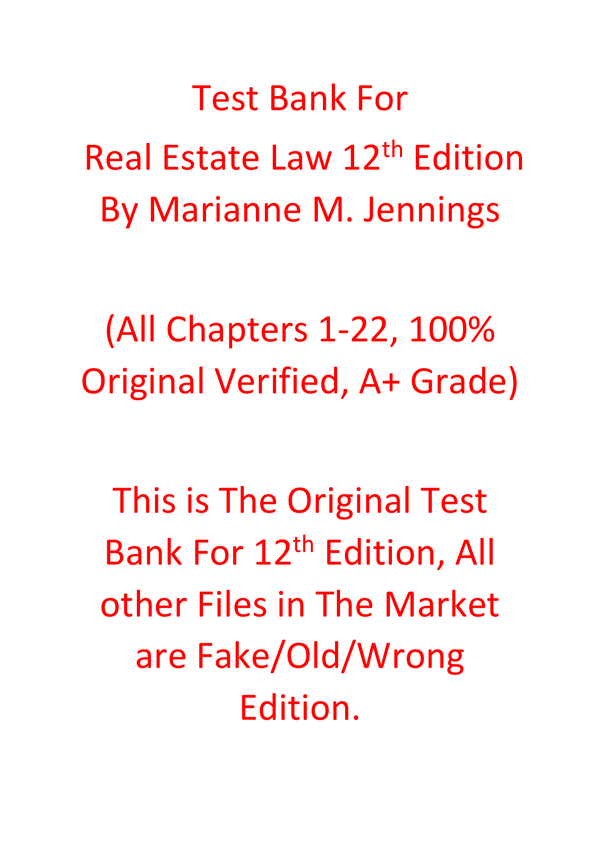 Test Bank For Real Estate Law 12th Edition By Marianne M. Jennings