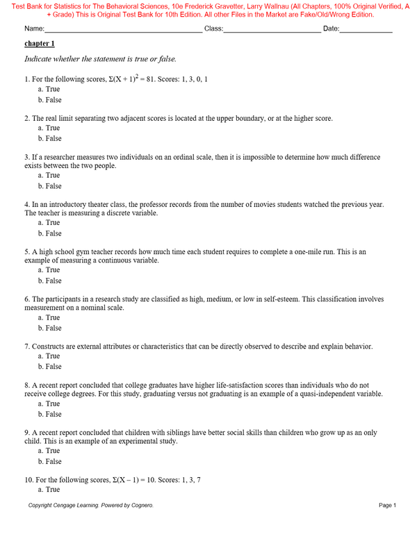 Test Bank For Statistics for The Behavioral Sciences 10th Edition By Frederick Gravetter, Larry Wallnau