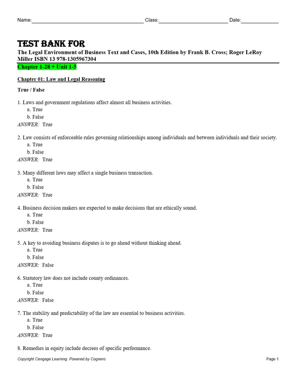 Test Bank For The Legal Environment of Business Text and Cases 10th Edition by Frank B. Cross, Roger LeRoy