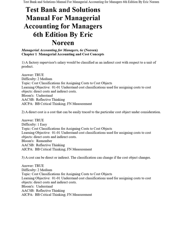 Test Bank and Solutions Manual For Managerial Accounting for Managers 6th Edition By Eric Noreen
