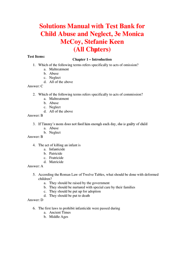 Test Bank with Solutions Manual For Child Abuse and Neglect 3rd Edition By Monica McCoy, Stefanie Keen