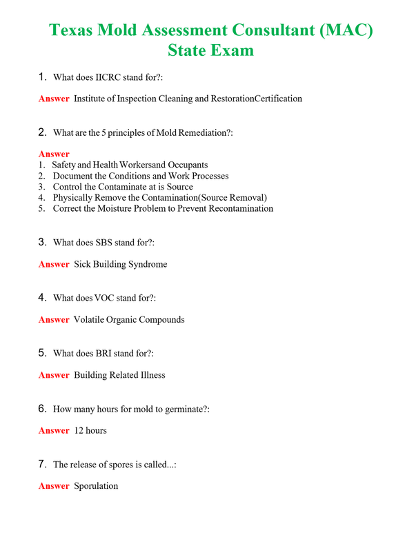Texas Mold Assessment Consultant (MAC) State Exam | Actual Questions and Verified Answers ( Included ) 100% Correct