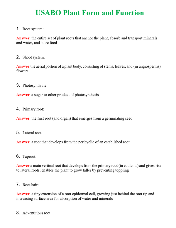 USABO Plant Form and Function Questions With Complete Grade A+ Answers