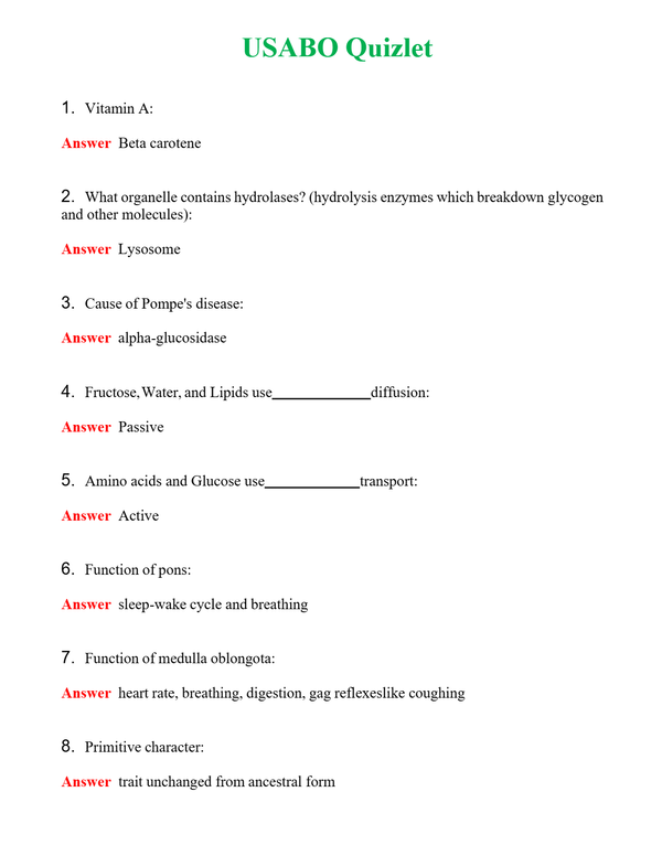 USABO Quizlet Questions With Complete Grade A+ Answers