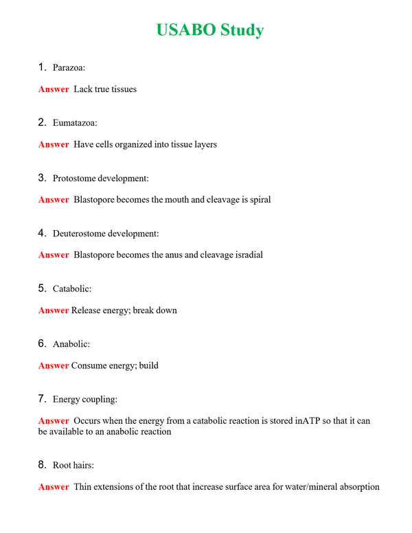 USABO Study Questions With Complete Grade A+ Answers