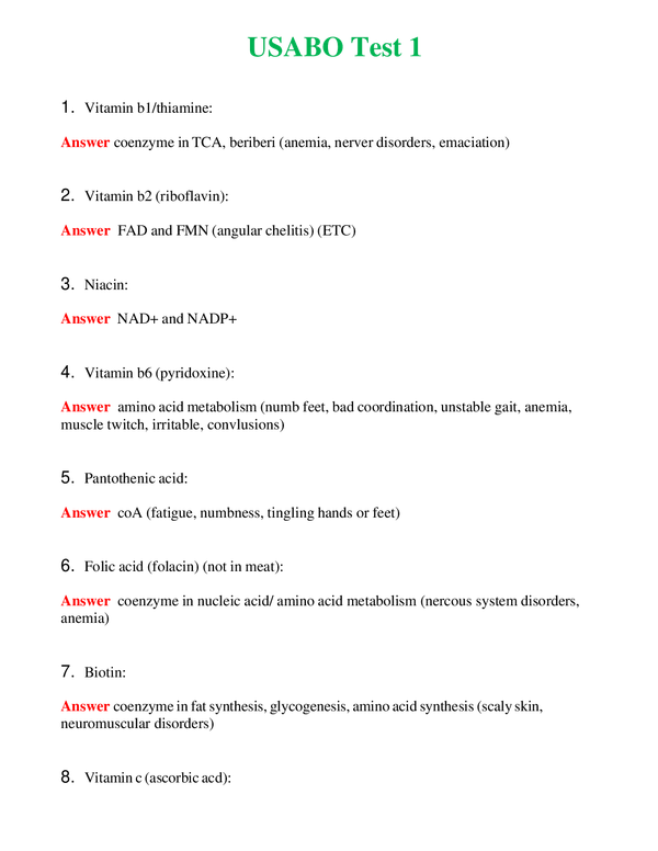 USABO Test 1 Questions With Complete Grade A+ Answers