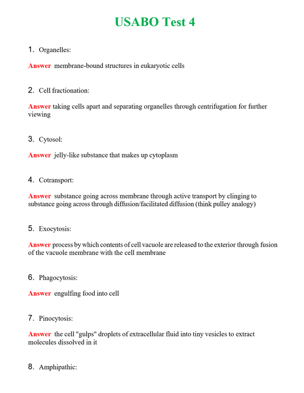 USABO Test 4 Questions With Complete Grade A+ Answers