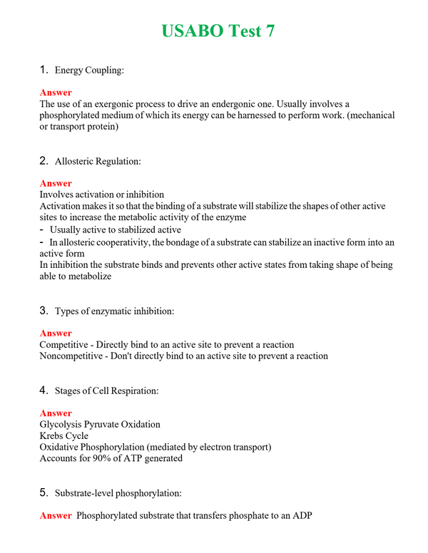 USABO Test 7 Questions With Complete Grade A+ Answers