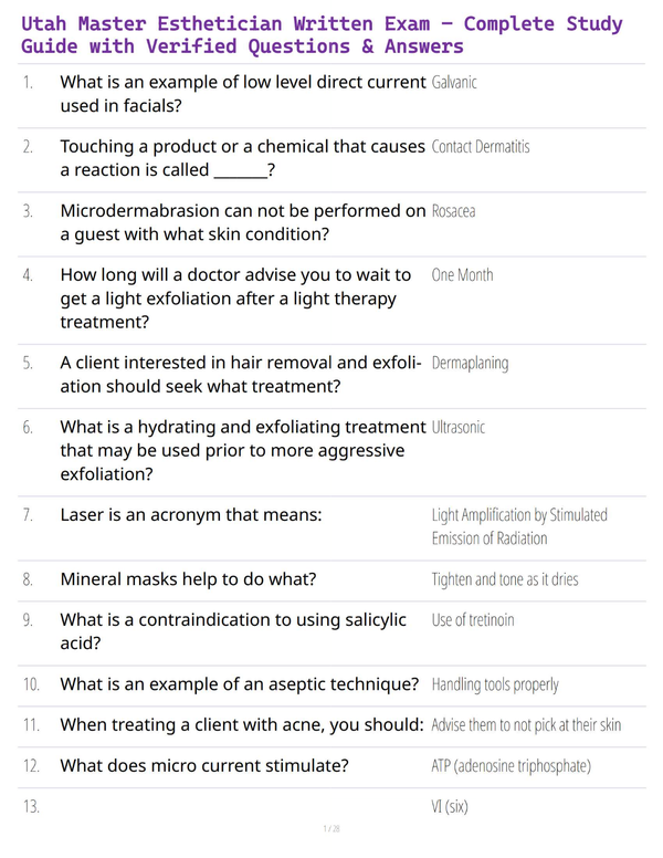Utah Master Esthetician Written Exam – Complete Study Guide with Verified Questions & Answers