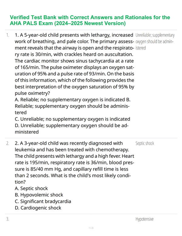 Verified Test Bank with Correct Answers and Rationales for the AHA PALS Exam (2024–2025 Newest Version)