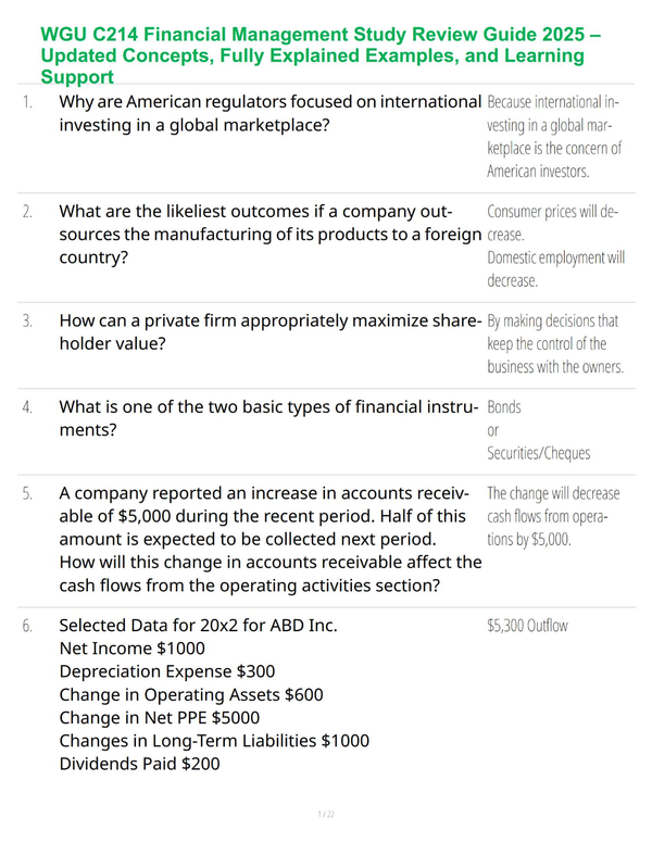 WGU C214 Financial Management Study Review Guide 2025 – Updated Concepts, Fully Explained Examples, and Learning Support