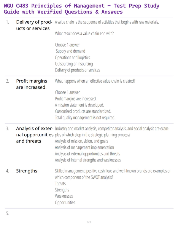 WGU C483 Principles of Management – Test Prep Study Guide with Verified Questions & Answers