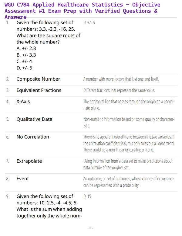 WGU C784 Applied Healthcare Statistics – Objective Assessment #1 Exam Prep with Verified Questions & Answers