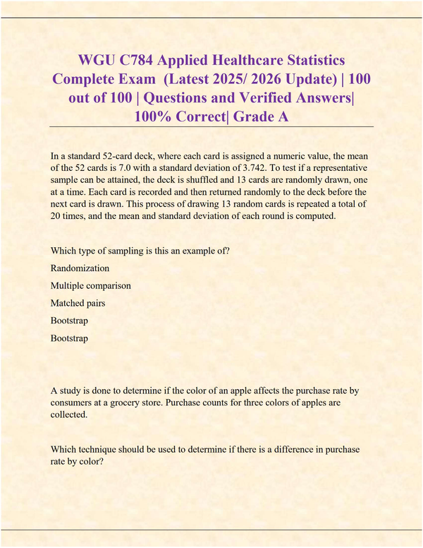 WGU C784 Applied Healthcare Statistics Complete Exam (Latest 2025/2026 Update) | Verified Questions & Answers | 100% Correct | Grade A