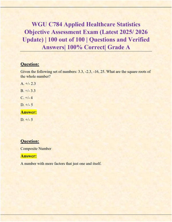 WGU C784 Applied Healthcare Statistics Objective Assessment (Latest 2025/2026 Update) | Verified Questions & Answers | Grade A | 100% Correct