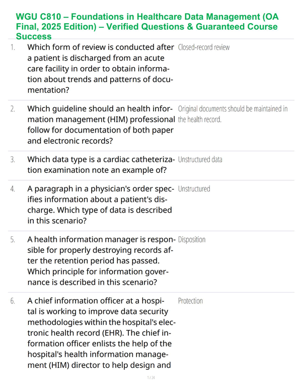 WGU C810 – Foundations in Healthcare Data Management (OA Final, 2025 Edition) – Verified Questions & Guaranteed Course Success