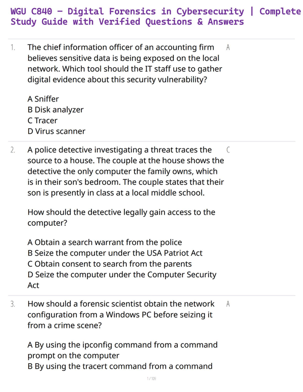 WGU C840 – Digital Forensics in Cybersecurity | Complete Study Guide with Verified Questions & Answers