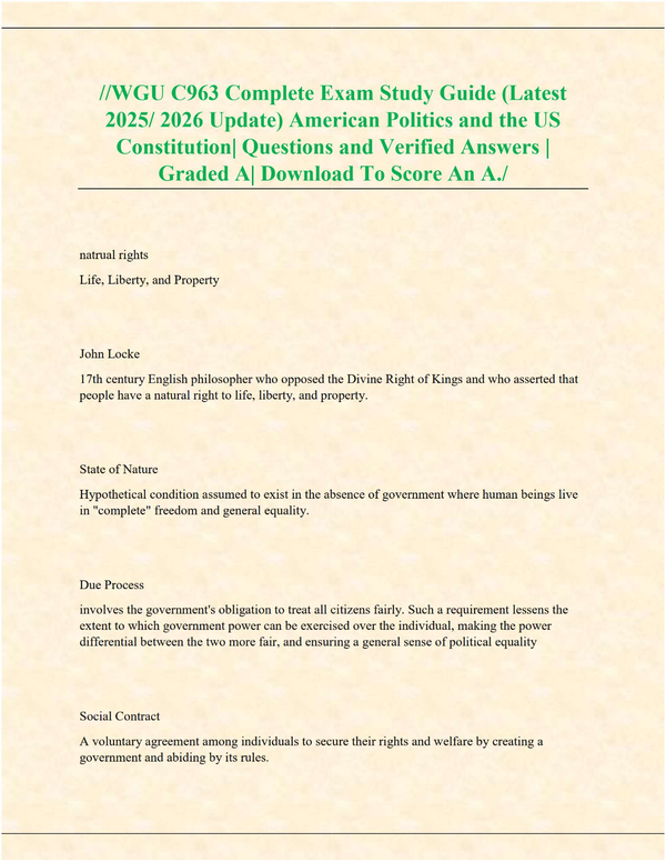 WGU C963 Complete Exam Study Guide – American Politics & U.S. Constitution (2025/2026 Verified Questions & Answers, Graded A)