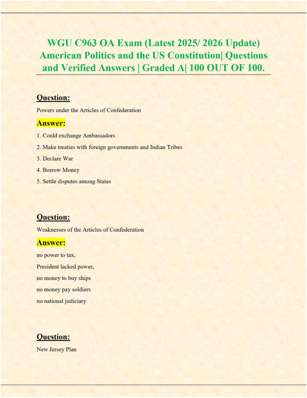 WGU C963 OA Exam – American Politics & U.S. Constitution (2025/2026 Verified Questions & Answers, 100/100 Grade A)