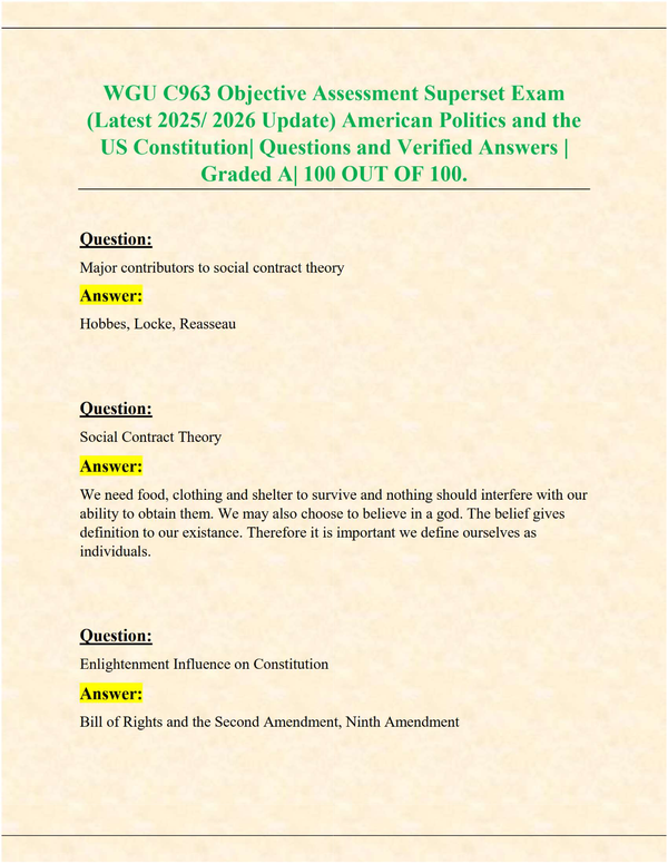 WGU C963 Objective Assessment Superset Exam – American Politics & U.S. Constitution (2025/2026 Verified Q&A, Grade A, 100/100)