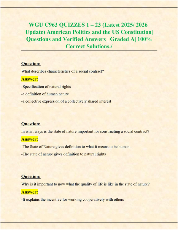 WGU C963 Quizzes 1–23 with Verified Answers (2025/2026 Update) – American Politics & U.S. Constitution, 100% Correct
