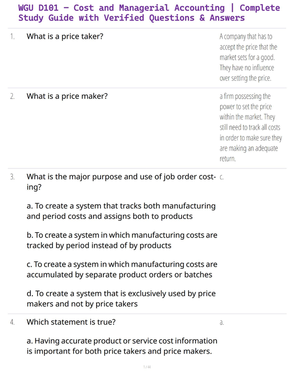 WGU D101 – Cost and Managerial Accounting | Complete Study Guide with Verified Questions & Answers