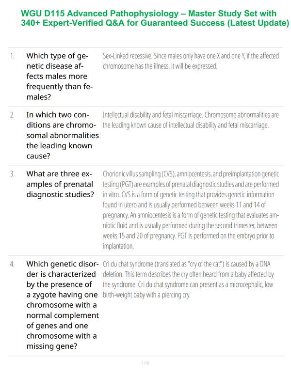WGU D115 Advanced Pathophysiology – Master Study Set with 340+ Expert-Verified Q&A for Guaranteed Success (Latest Update)