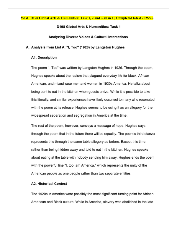 WGU D198 Global Arts & Humanities: Task 1, 2 and 3 all in 1 | Completed latest 2025/26.