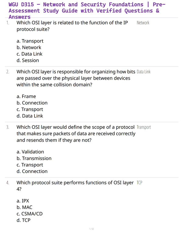 WGU D315 – Network and Security Foundations | Pre-Assessment Study Guide with Verified Questions & Answers