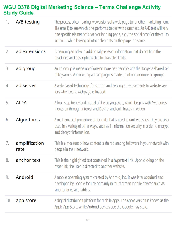WGU D378 Digital Marketing Science – Terms Challenge Activity Study Guide
