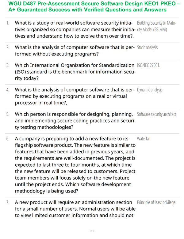 WGU D487 Pre-Assessment Secure Software Design KEO1 PKEO – Guaranteed Success with Verified Questions and Answers